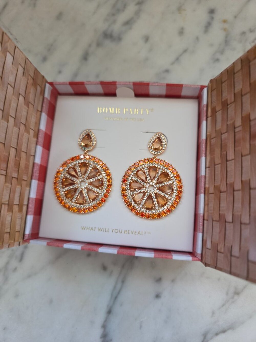 NIB Bomb Party Market Fresh Orange Slice Rhinestone Drop Earrings Gold Tone